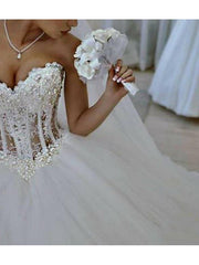 Wedding Dress Customizations, Long Ball Gown Strapless Lace Tulle Wedding Dresses