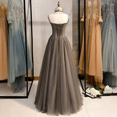 Long Grey Tulle Prom Dress Corset With Beaded Neck A Line