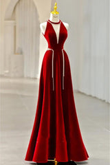 Long Halter V Neck Velvet Burgundy Evening Dress with Beading