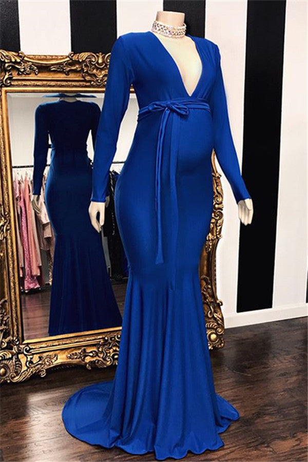 Glamorous Dress, Long Mermaid Deep V-neck Pregnant Formal Evening Dress with Sleeves