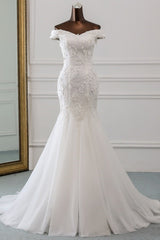 Wedding Dress Girls, Long Mermaid Off Shoulder Lace-up Applique Lace Wedding Dress