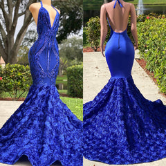 Long Royal Blue Mermaid Prom Dresses V Neck Open Backs