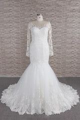 Wedding Dress Shopping Near Me, Long Sleeve Mermaid Sweetheart Appliques Lace Backless Wedding Dress