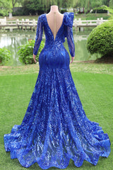 Long Sleeves Royal Blue Prom Dresses Sequin Mermaid Long Formal Dresses