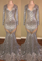 Long Sleeves Sequins Prom Party Gowns| Mermaid V-Neck Evening Gowns