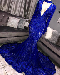 Long Sleeves V-neck Mermaid Prom Dress Sequins Long Chiffon Red Royal Blue