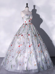 Prom Dressed A Line, Lovely Strapless Floral Tulle Long Prom Dress, Gray  A-Line Evening Party Dress