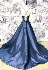 Evening Dress Red, Blue Satin Long A-Line Prom Dress, Simple V-Neck Evening Dress