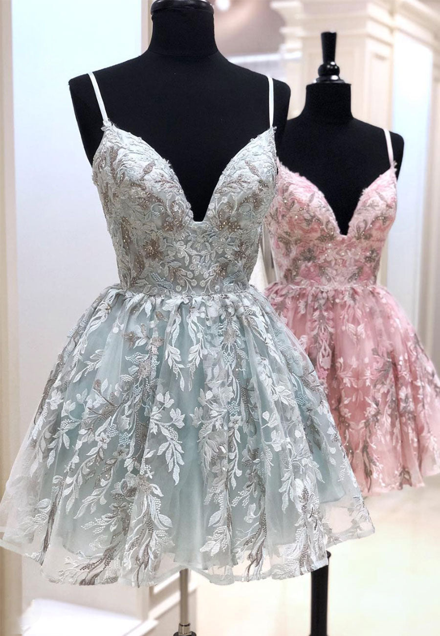 Bridesmaids Dresses Vintage, Cute V-Neck Lace Short Prom Dresses, A-Line Homecoming Dresses