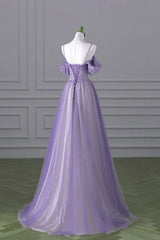 Lovely A-line Light Purple Tulle Beaded Long Party Dress, Light Purple Prom Dress