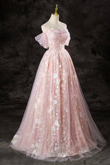 Lovely A-Line Off the Shoulder Sequins Prom Dress, Pink Tulle Corset Floor Length Evening Dress