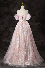 Lovely A-Line Off the Shoulder Sequins Prom Dress, Pink Tulle Corset Floor Length Evening Dress