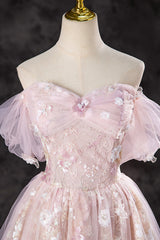 Lovely A-Line Off the Shoulder Sequins Prom Dress, Pink Tulle Corset Floor Length Evening Dress