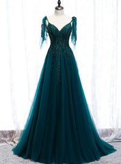 Prom Dress Shop Near Me, Lovely A-line Straps Tulle Teal Blue Long Evening Dress Prom Dress, A-line Formal Dresses