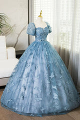 Lovely Blue Short Sleeves Long Party Dress With Butterfly Lace, Blue Prom Dress