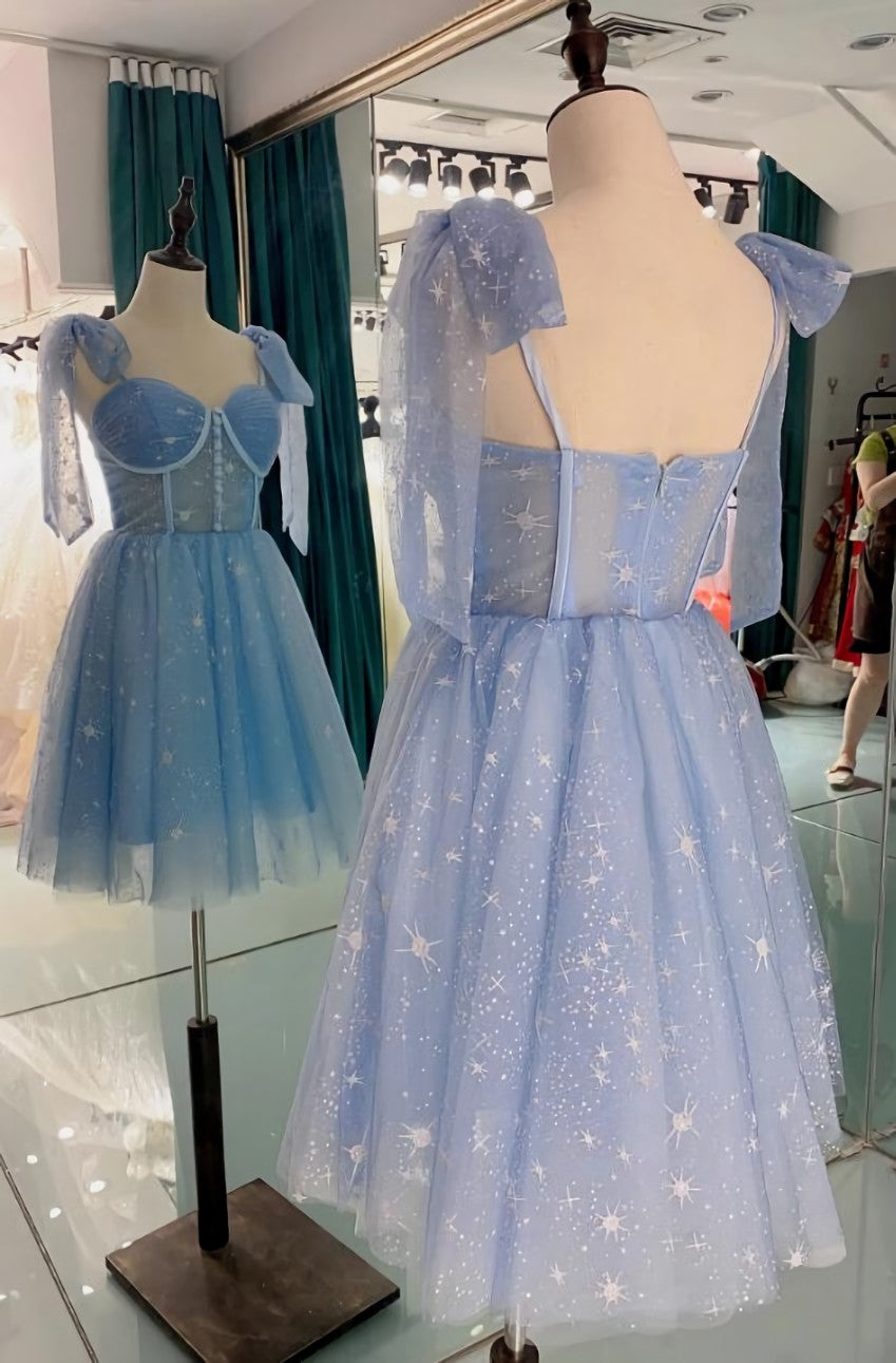 Evening Dress With Sleeves Uk, Lovely Blue Short Tulle Homecoming Dress Prom Dresses, Blue Evening Dresses