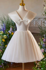 Lovely Champagne Knee Length Prom Dress, A-Line V-Neck Bow Sleeveless Backless Party Dress