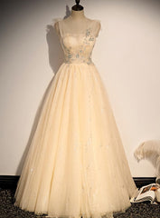 Bridesmaids Dresses Mismatched, Lovely Champagne Sequins Long Party Dress, A-line Tulle Formal Dress