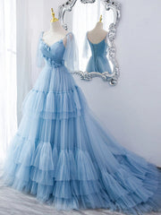 Homecoming Dress Classy, Lovely Light Blue Tulle with Straps Layers Long Formal Dresses, Blue Evening Gown Party Dresses