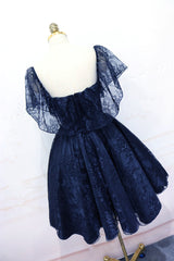 Prom Dresses Prom Dresses, Lovely Navy Blue Lace Short Off Shoulder Prom Dress, Navy Blue Lace Homecoming Dresses