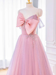 Lovely Pink Tulle Long Prom Dress with Bow Pink Formal Dresses prom dresses shops