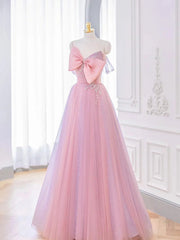 Lovely Pink Tulle Long Prom Dress with Bow Pink Formal Dresses prom dresses shops