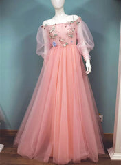 Lovely Pink Tulle Off Shoulder Sleeves Party Dress A-line Pink Long Formal Dress prom dresses shops