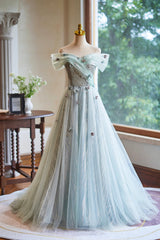 Lovely Tulle Floor Length Green Party Dress, Off the Shoulder A-Line Evening Dress