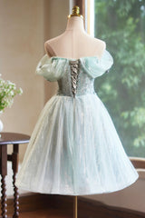 Lovely Tulle Knee Length Green Party Dress, Off the Shoulder A-Line Evening Dress