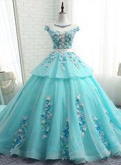 Formal Dress Black Dress, Lovey Blue Layers Ball Gown Tulle with Flowers Sweet 16 Gown, Blue Formal Dresses