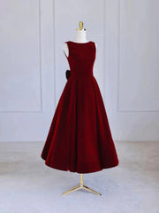 Party Dresses White, Burgundy Tea Length Velvet Prom Dress with Bowknot,  Burgundy Evening Party Dress