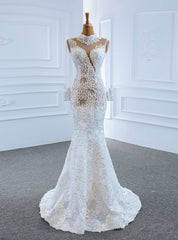 Low Price Guarantee White Mermaid Lace Long Sleeve High Neck Wedding Dress