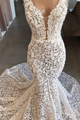 Wedding Dresses Under 105, Luxurious Plunging V neck Mermaid Lace Wedding Dresses Romantic Bridal Gowns for Garden Wedding