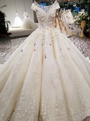 Luxury Ball Gown Champagne Off The Shoulder Long Train Wedding Dress