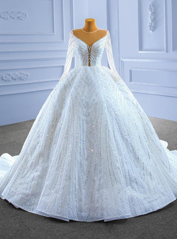 Luxury Heavy Beading Sequins Long Sleeve Wedding Dress