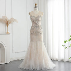 Luxury Mermaid Crystal Pearls Nude Tulle Long Prom Dress