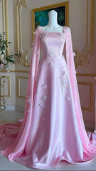 Luxury Pink Satin Long A Line Evening Dress Pretty Appliques Prom Dress