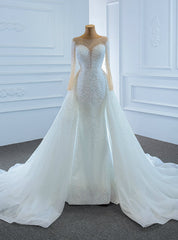 Luxury White Mermaid Tulle Long Sleeve Hand Work Pearls Wedding Dress