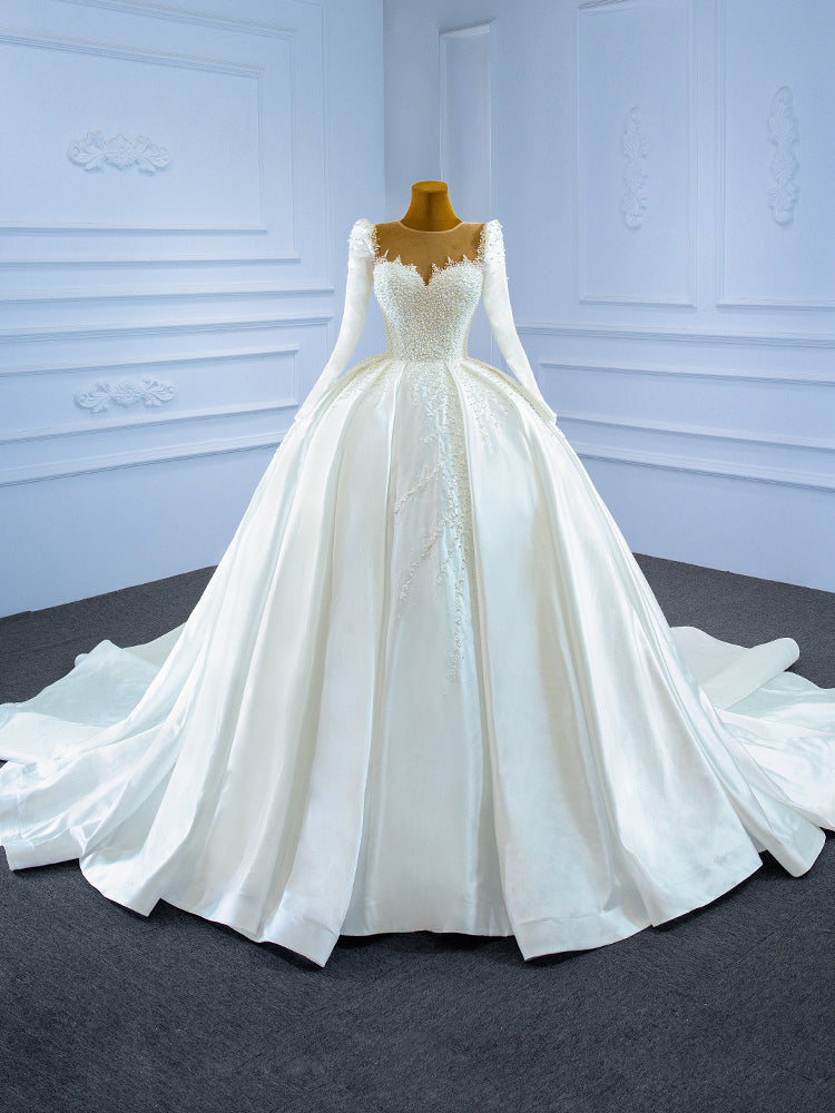 Luxury White Satin Long Sleeve Pearls Wedding Dress