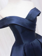 Cute Dress Outfit, Blue V-neckline Satin Off Shoulder Party Dress, A-Line Blue Short Evening Prom Dress