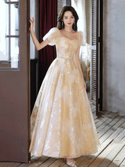 Champagne Tulle Floor Length Prom Dress, Cute Short Sleeve Evening Dress