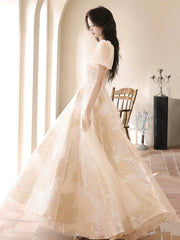 Champagne Tulle Floor Length Prom Dress, Cute Short Sleeve Evening Dress