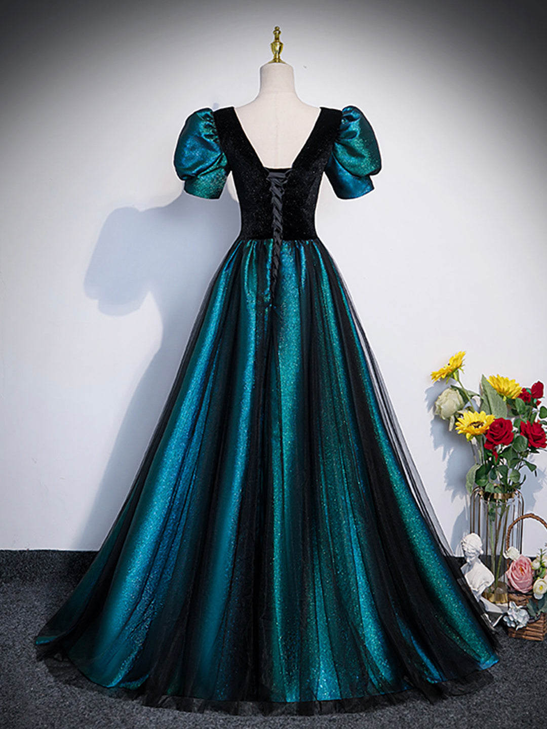 Formal Dresses Long Elegant, Unique Black Velvet and Tulle Long Prom Dress, A-Line Short Sleeve Evening Party Dress