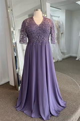 Party Dress Websites, Lavender V Neck Sleeves Beaded Appliques Long Formal Dress