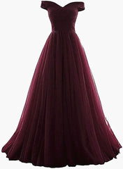 Evening Dress Designer, Maroon Off Shoulder Bridesmaid Dress  Long, Simple Tulle Dress