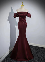 Maroon Satin Mermaid Off Shoulder Prom Dress, Maroon Party Dress