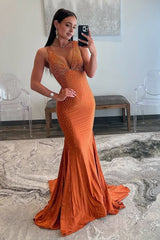 Mermaid Deep V-Neck Beaded Satin Long Prom Dress