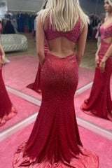 Mermaid Deep V Neck Burgundy Cut Out Long Prom Dress with Beading