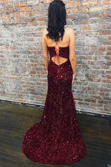 Mermaid Deep V Neck Burgundy Sequins Long Prom Dress with Silt