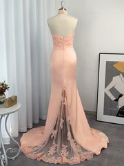 Bridesmaid Dress Elegant, Mermaid Halter Appliques Lace Sweep Train Satin Dress